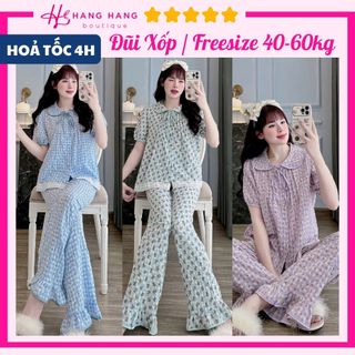 Đồ ngủ nữ 40-60kg, pijama dài cộc tay cổ sen đũi lạnh mềm mát 60CD22, đồ bộ nữ đồ mặc nhà tiểu thư caro dễ thương