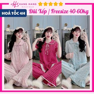 Đồ ngủ nữ 40-60kg, pijama dài cộc tay cổ sen đũi lạnh mềm mát 60CD22, đồ bộ nữ đồ mặc nhà tiểu thư caro dễ thương