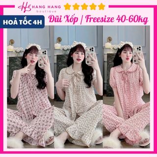 Đồ ngủ nữ 40-60kg, pijama dài cộc tay cổ sen đũi lạnh mềm mát 60CD22, đồ bộ nữ đồ mặc nhà tiểu thư caro dễ thương