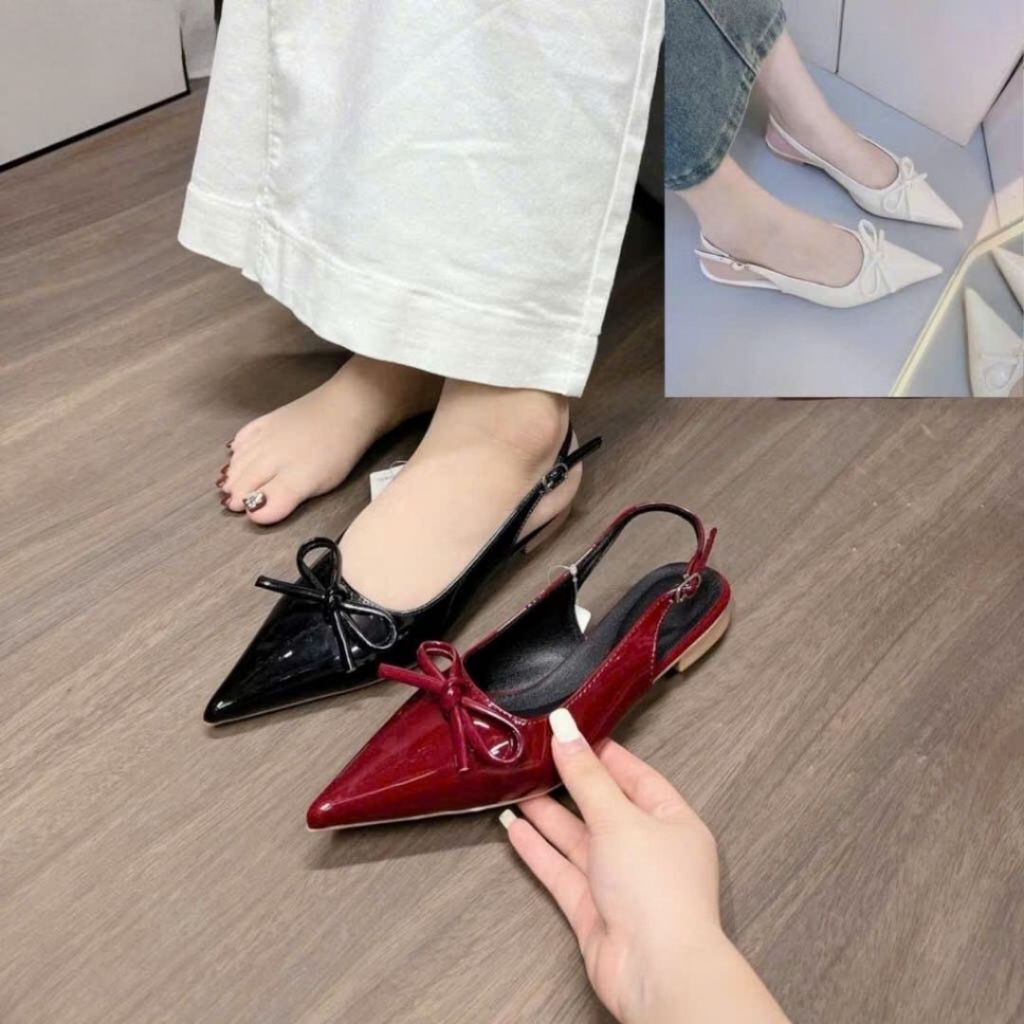 Sục Mũi Nhọn Nữ, Sục Bệt Mũi Nhọn Nữ Phối Nơ Da Bóng Chống Trơn Trượt N22 || AnshoesDynasty