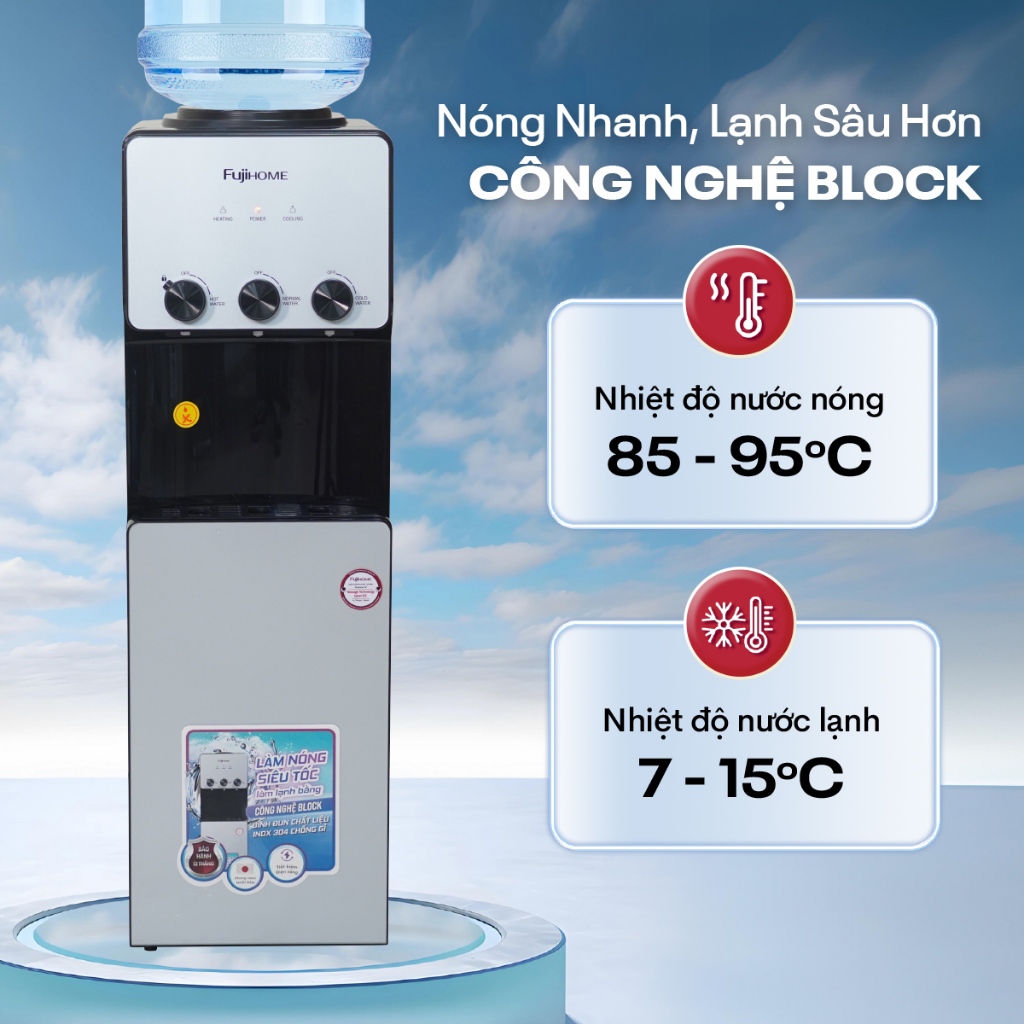 Máy nước nóng lạnh Nhập Khẩu FUJIHOME WD677C, Câu nước bình úp 3 vòi tiện lợi có khóa an toàn cho trẻ em