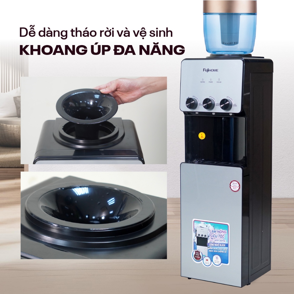 Máy nước nóng lạnh Nhập Khẩu FUJIHOME WD677C, Câu nước bình úp 3 vòi tiện lợi có khóa an toàn cho trẻ em