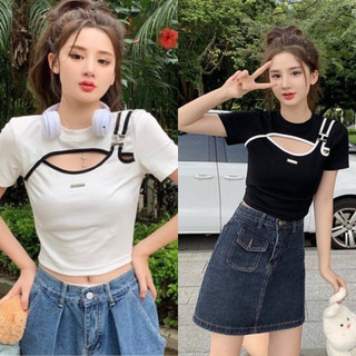 Áo croptop kiểu khoét trước tay ngắn thun trắng đen trắng VANISA CT059