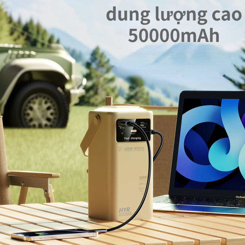 Sạc dự phòng 50.000 80.000 dung lượng lớn sạc cục nhanh kèm 4 dây sạc, tích hợp đèn và màn led