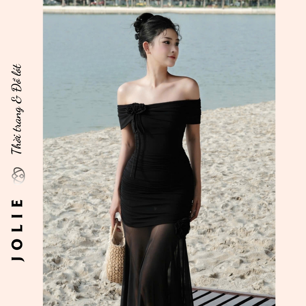 Váy body trễ vai thun lưới siêu sang chảnh