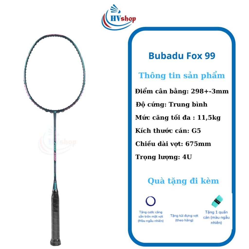 Vợt cầu lông Bubadu Fox X77, X88, X99 chính hãng, tặng cước căng sẵn, bao đơn, quấn cán - HVShop