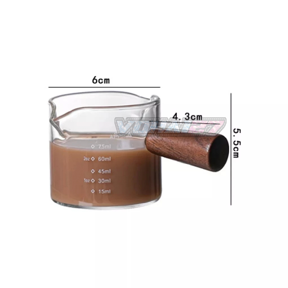 Cốc Thuỷ Tinh Cán Gỗ dung tích 75ml ca đong Đong Cafe, Sữa, mật ong, espresso