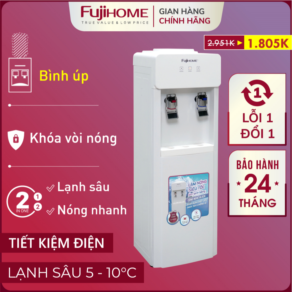 Cây nước nóng lạnh bình úp Nhập Khẩu FUJIHOME WD676C, Máy nước nóng lạnh có khóa vòi nóng tiết kiệm điện