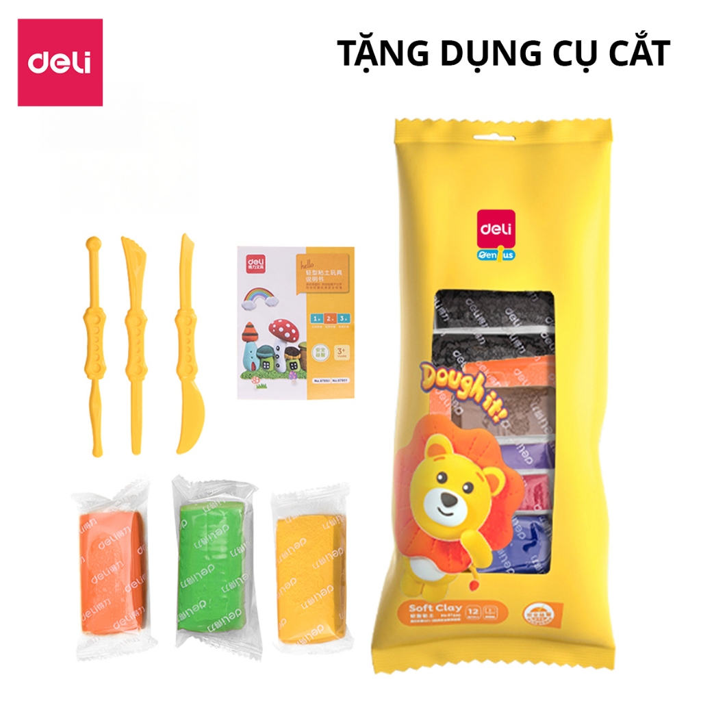Đất Sét Tự Khô Deli Đất Sét Mỹ Thuật Túi 12/24/36 Màu Tặng Kèm Dụng Cụ Chất Đất Mềm Mịn An Toàn Nặn Tạo Hình