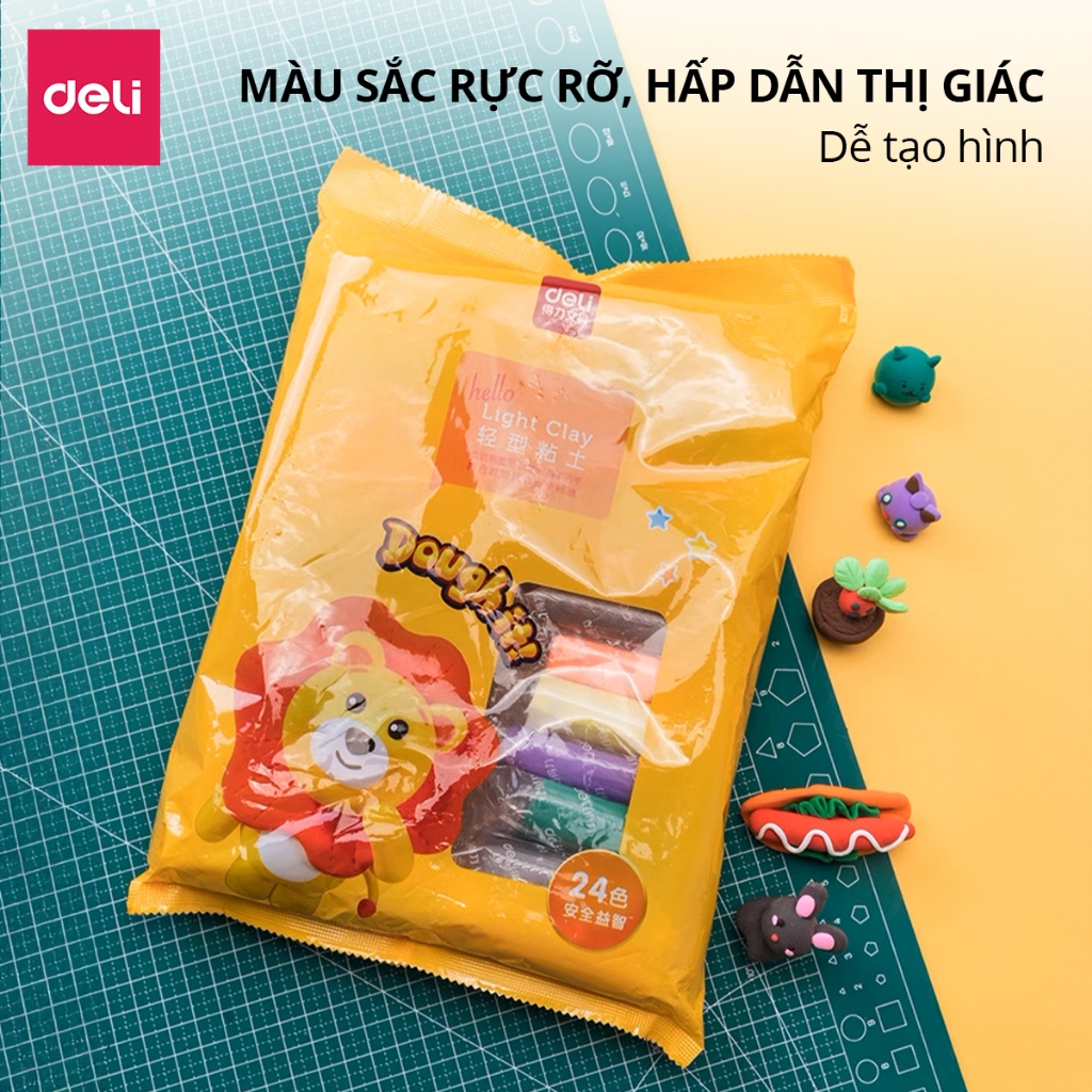 Đất Sét Tự Khô Deli Đất Sét Mỹ Thuật Túi 12/24/36 Màu Tặng Kèm Dụng Cụ Chất Đất Mềm Mịn An Toàn Nặn Tạo Hình