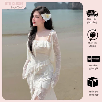 Set váy nữ đi biển dài tay đầm 2 dây body kèm áo khoác ngoài váy đi biển thiết kế váy ren body sexy