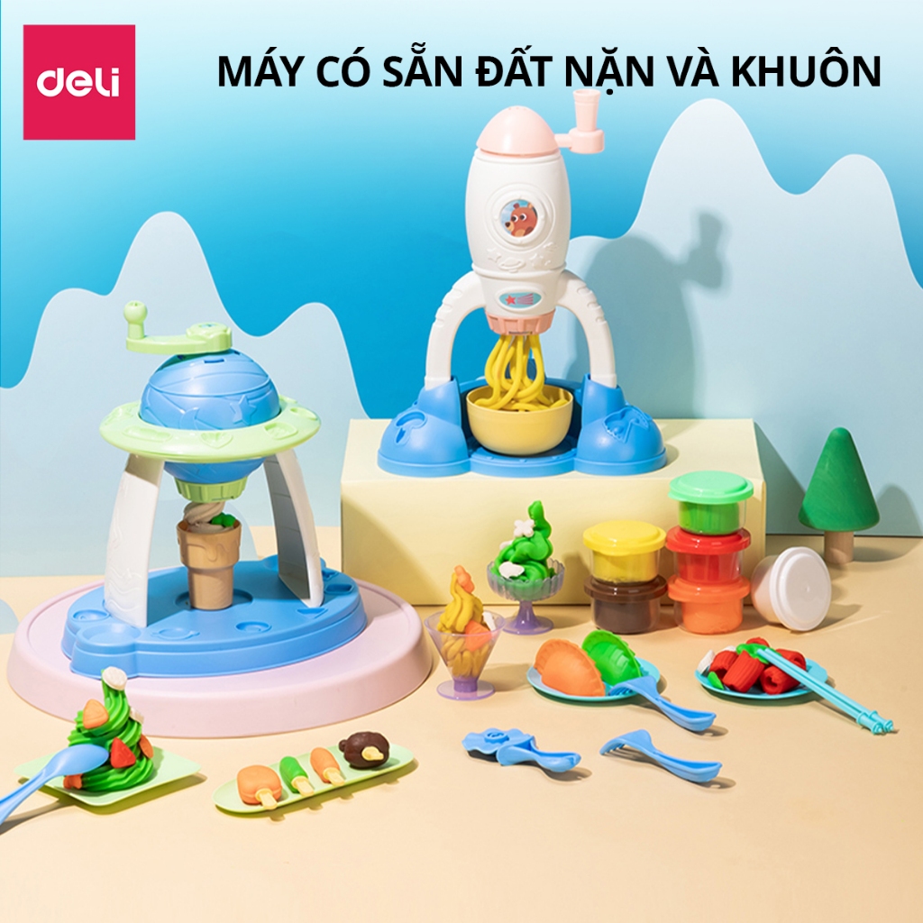 Bộ Đồ Chơi Máy Làm Kem Kèm Đất Nặn Deli  - Máy Làm Mì Hamburger Kèm Dụng Cụ Và Khuôn Không Dính Tay An Toàn
