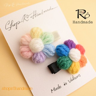 Kẹp tóc mái hoa len cầu vồng size to handmade cho nữ và bé gái siêu cute 4.5cm |Shop Rô Handmade