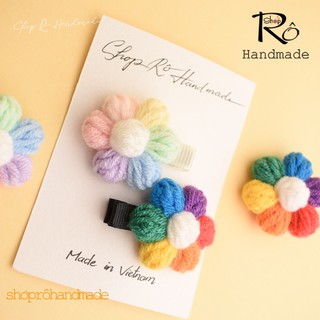Kẹp tóc mái hoa len cầu vồng size to handmade cho nữ và bé gái siêu cute 4.5cm |Shop Rô Handmade