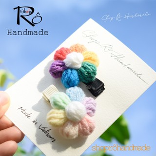 Kẹp tóc mái hoa len cầu vồng size to handmade cho nữ và bé gái siêu cute 4.5cm |Shop Rô Handmade