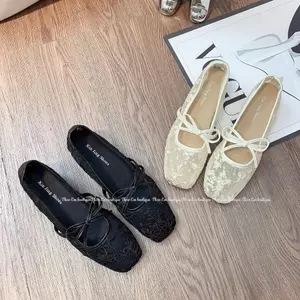 Giày búp bê lưới ren thêu hoa dây nơ thoáng khí (Có Sẵn)