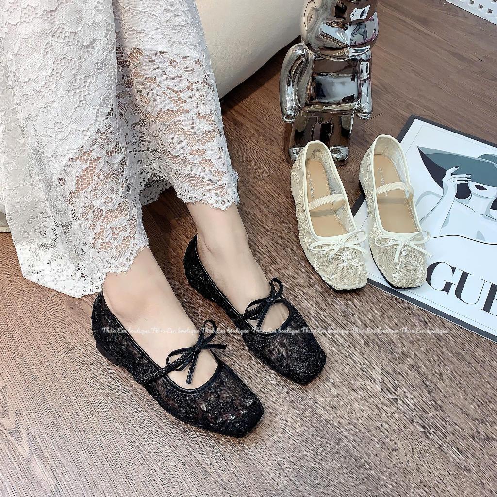 [Thảo Em - BBR6] [Độn đế 5p] Giày búp bê lưới ren thêu hoa dây nơ thoáng khí (Có Sẵn)