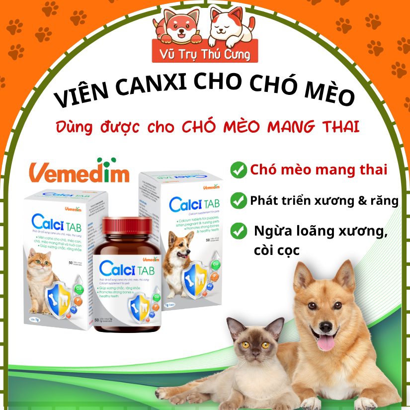 Viên Bổ Sung Canxi Cho Chó Mèo Calci Tab Vemedim Hộp 50 viên