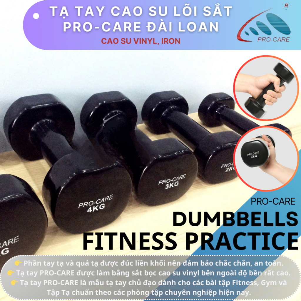 Tạ Tay Dumbbells Cao Su Lõi Sắt Pro-Care Đài Loan - Trọng Lượng Tạ từ 5KG đến 10KG (1 Cái)