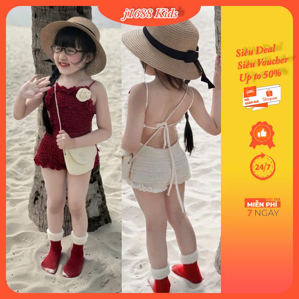 (8-28kg) Set jum, bộ jum 2 dây hở lưng đi biển cho bé gái vải xốp thoáng mát, đính bông hoa trang trí M0039