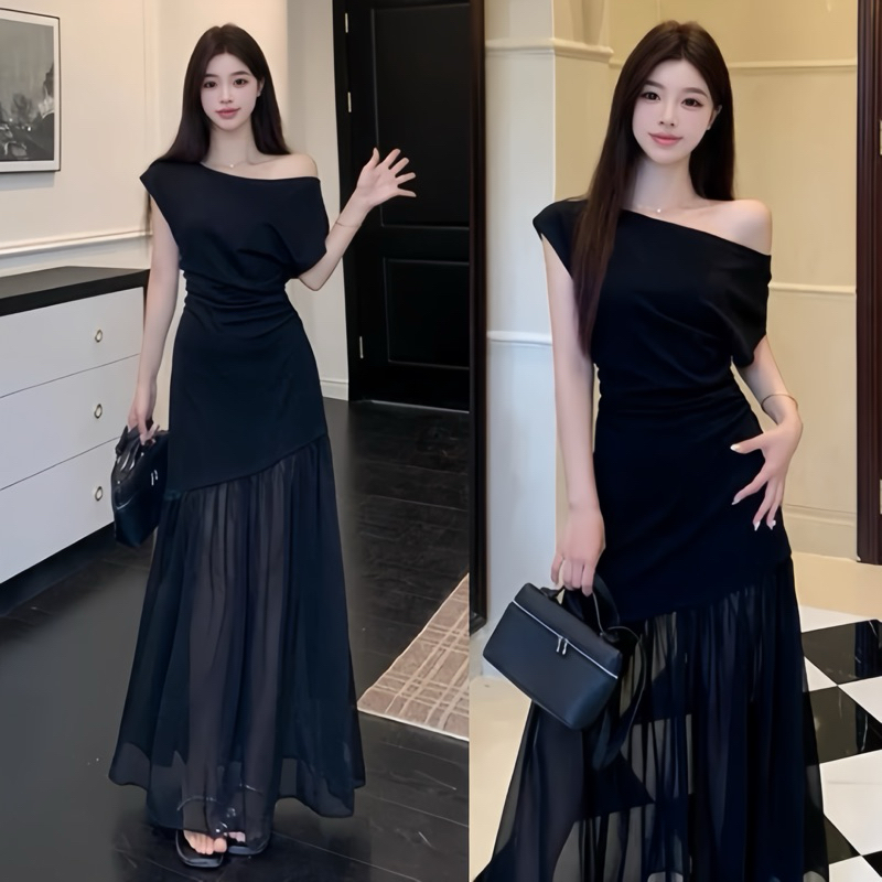 Đầm body lệch vai phối tơ, váy dự tiệc dáng dài sang chảnh Logastore_L198
