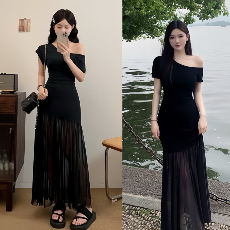 Đầm body lệch vai phối tơ, váy dự tiệc dáng dài sang chảnh Logastore_L198
