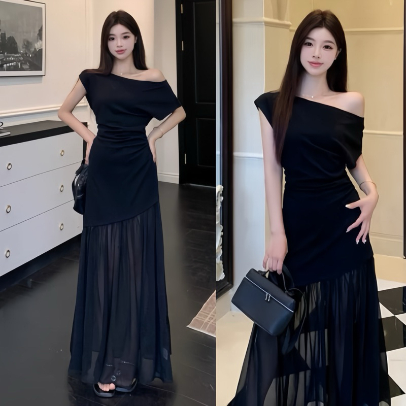 Đầm body lệch vai phối tơ, váy dự tiệc dáng dài sang chảnh Logastore_L198