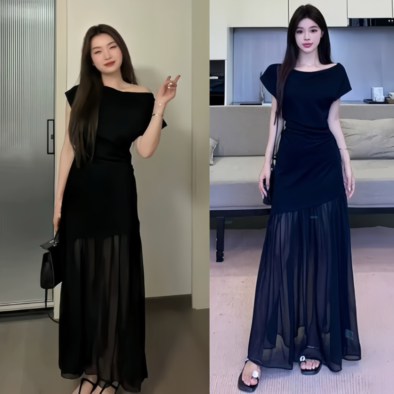 Đầm body lệch vai phối tơ, váy dự tiệc dáng dài sang chảnh Logastore_L198