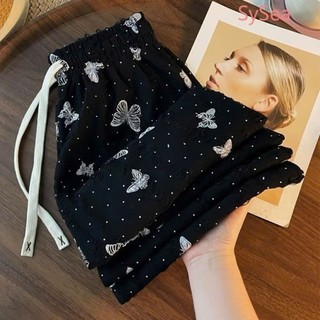 QUẦN NỮ DÀI ỐNG RỘNG CHẤT THUN NỔI ĐÍNH ĐÁ IN BƯỚM NỔI BẬT PHONG CÁCH TRẺ TRUNG PHÙ HỢP THỜI TRANG