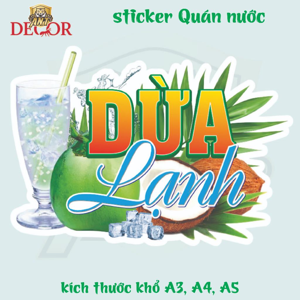 Decal Dán DỪA LẠNH – Nhãn Dán Trang Trí Xe Nước Giải Khát – Dễ Dán, Bền Đẹp, Chống Nước