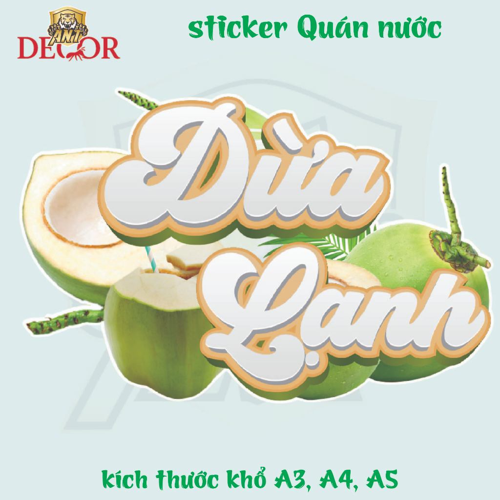 Decal Dán DỪA LẠNH – Nhãn Dán Trang Trí Xe Nước Giải Khát – Dễ Dán, Bền Đẹp, Chống Nước