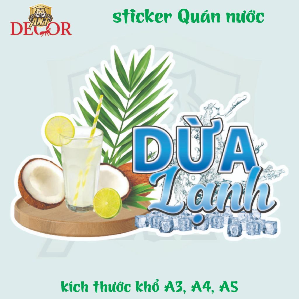 Decal Dán DỪA LẠNH – Nhãn Dán Trang Trí Xe Nước Giải Khát – Dễ Dán, Bền Đẹp, Chống Nước