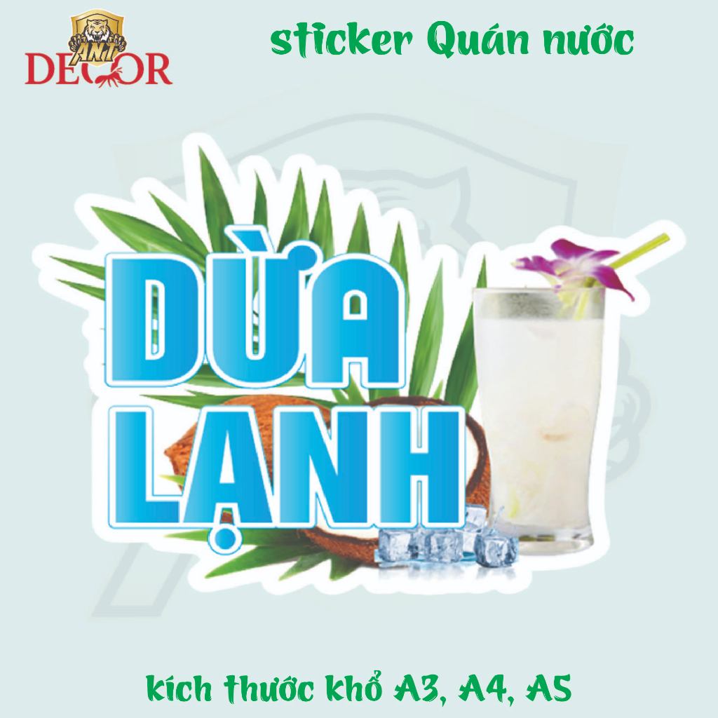Decal Dán DỪA LẠNH – Nhãn Dán Trang Trí Xe Nước Giải Khát – Dễ Dán, Bền Đẹp, Chống Nước
