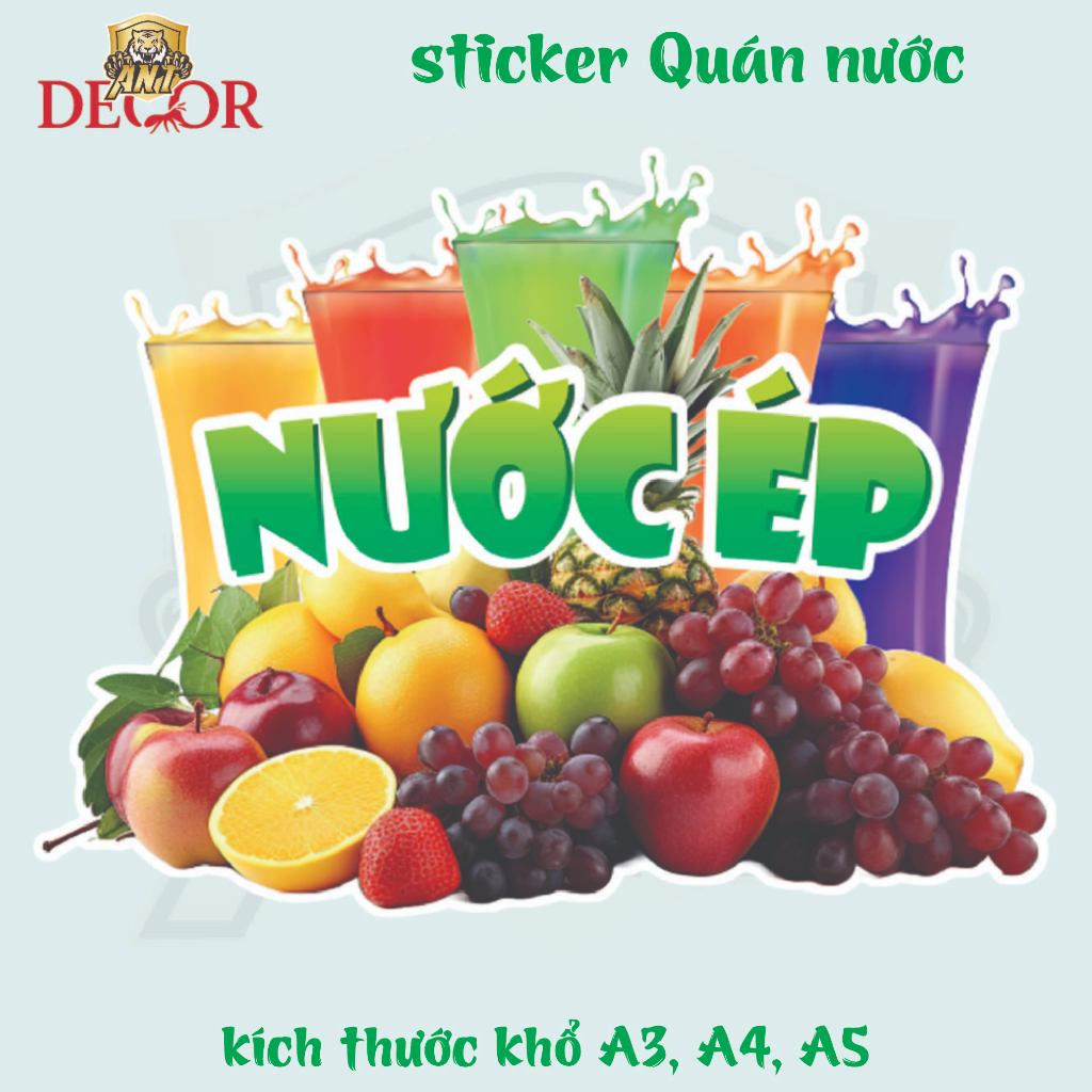 Decal NƯỚC ÉP – Nhãn Dán Trang Trí Xe Nước, Quầy Giải Khát – Màu Sắc Tươi Sáng, Dễ Dán, Chống Nước