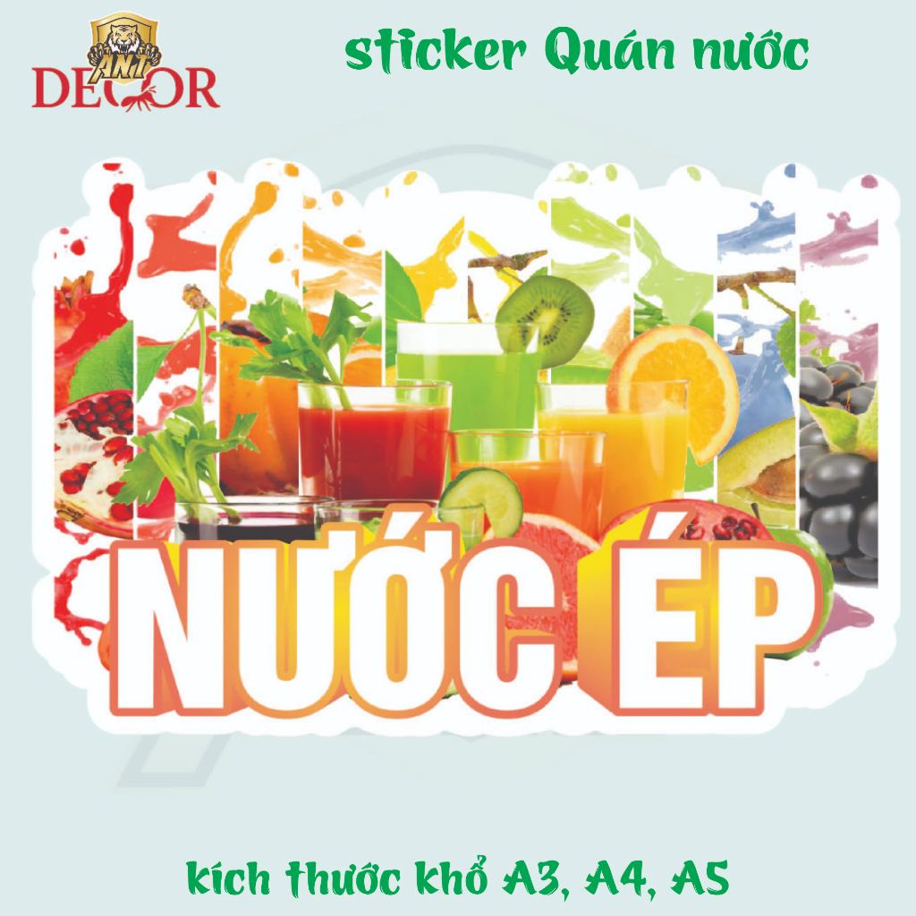 Decal NƯỚC ÉP – Nhãn Dán Trang Trí Xe Nước, Quầy Giải Khát – Màu Sắc Tươi Sáng, Dễ Dán, Chống Nước