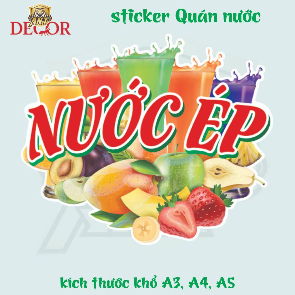 Decal NƯỚC ÉP – Nhãn Dán Trang Trí Xe Nước, Quầy Giải Khát – Màu Sắc Tươi Sáng, Dễ Dán, Chống Nước