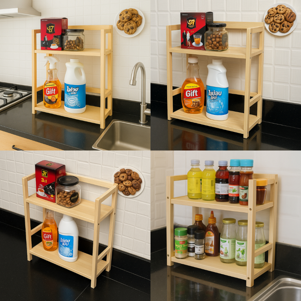 Kệ gia vị nhà bếp 2 tầng , chất liệu gỗ thông & MDF - decor phòng bếp gọn gàng