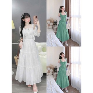 Đầm  nữ cực xinh chất xô hột 2 dây có mút váy dài dáng xòekefm khoác thun giấy dài tay mặc đi chơi đi dạo đều xinh