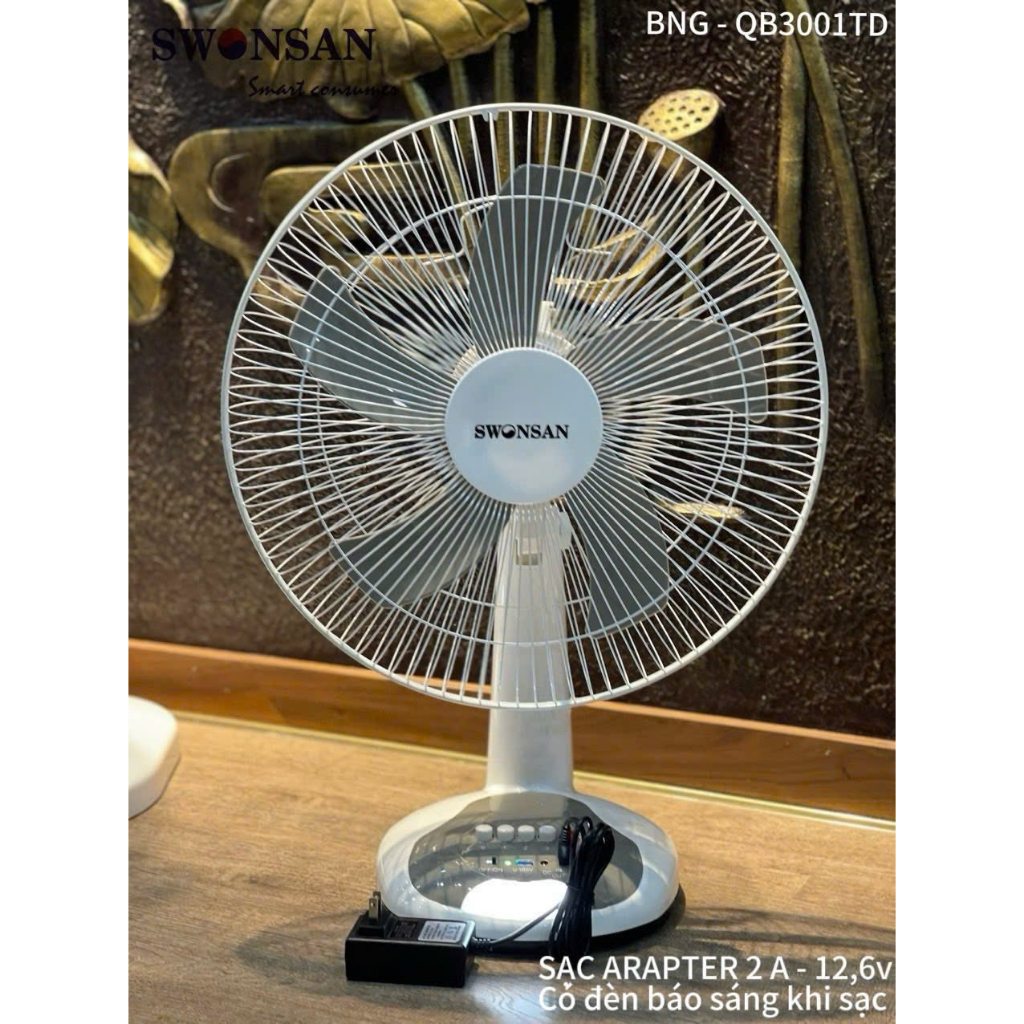 Quạt Tích Điện Để Bàn SWONSAN cánh 40cm Sử Dụng 8-14 Tiếng. Quạt Đa Năng Pin Sạc LITHIUM Motor Không Chổi Than (3001TD)
