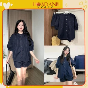 Set Áo Tay Bồng Chỉ Nổi Kèm Quần Short Trẻ Trung, Set Đồ Nữ Ngắn kiểu dáng basic Hoadanbistore