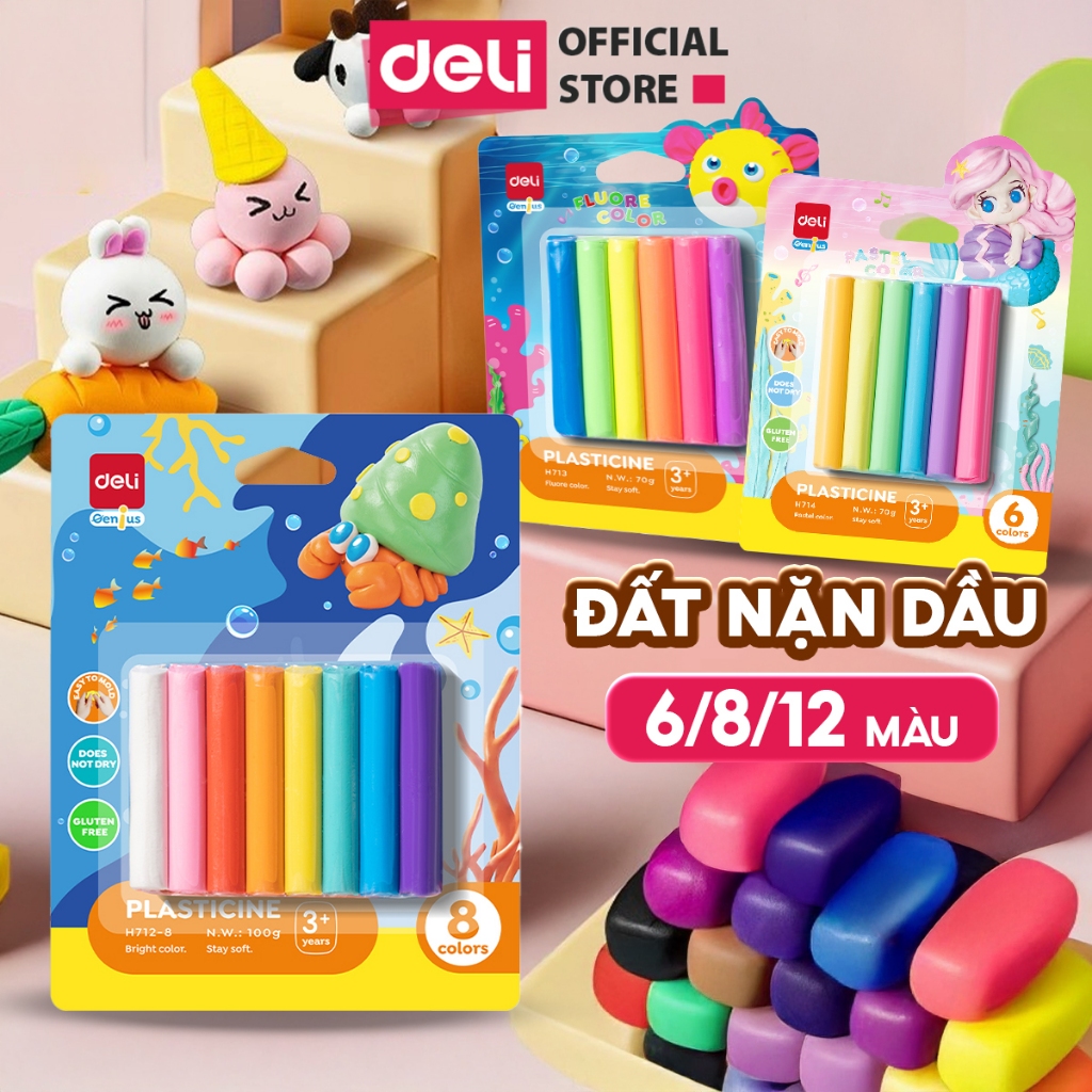 Đất Nặn Dầu An Toàn Cho Bé 6/8/12 Màu Deli Mềm Dẻo Không Khô Cho Bé Tập Nặn Sáng Tạo An Toàn