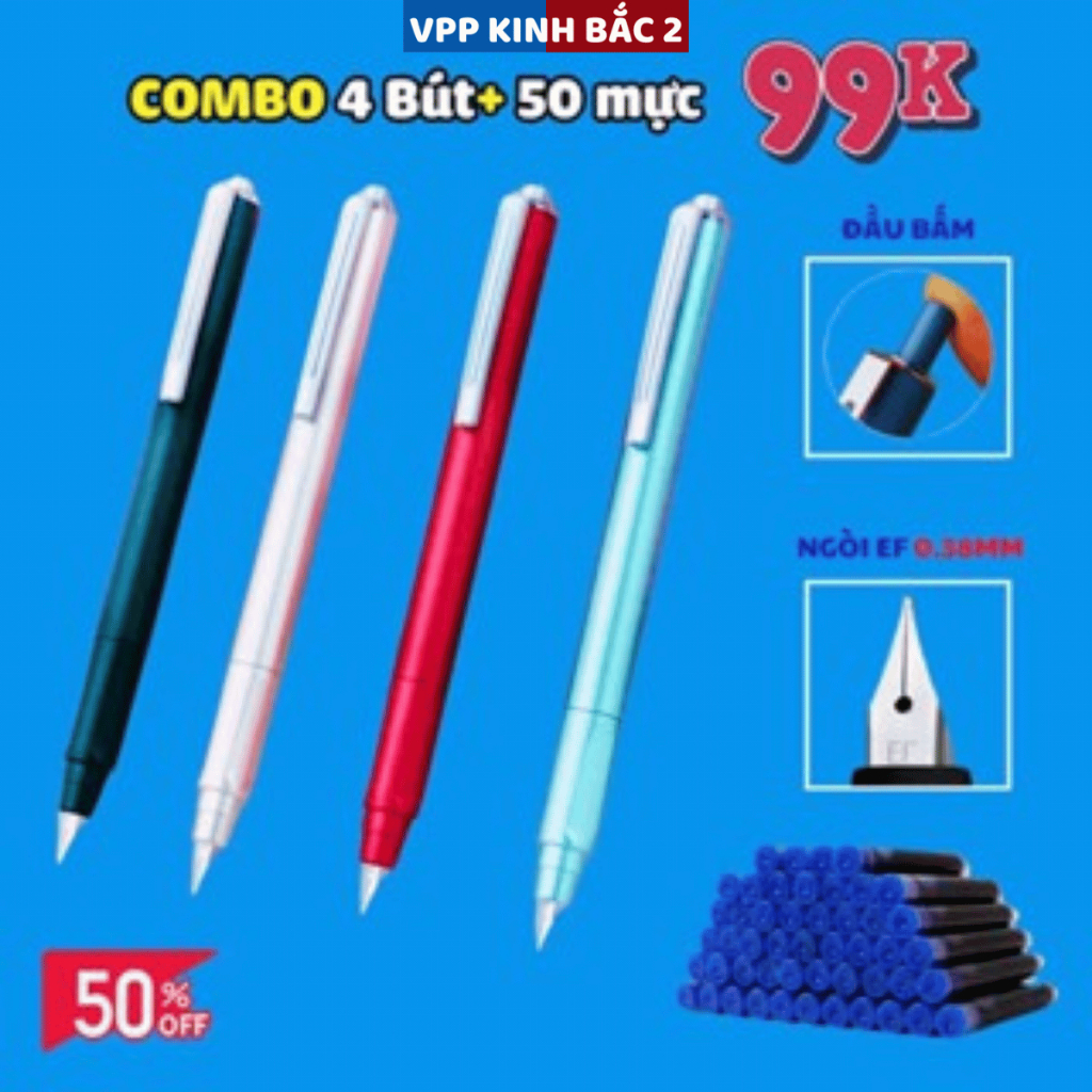 4 Bút Máy Bấm Ngòi EF-Ngòi Nét Chữ Tiêu Chuẩn 0.38 mm Phù Hợp Với Các Bé Học Tiểu Học Từ Lớp 1 Tới Lớp 5.
