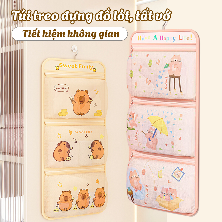 Túi Treo Đựng Đồ Lót Có Móc, Tất Vớ, Phụ Kiện Có Khóa Kèo Hình Mèo Dễ Thương, Tiết Kiệm Không Gian