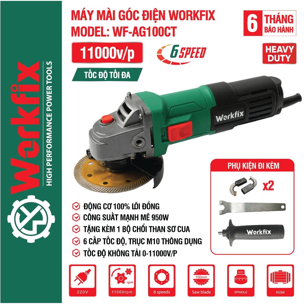 Máy cắt mài đa năng WORKFIX WF-AG100CT, 6 Cấp chỉnh tốc độ, Công suất ...