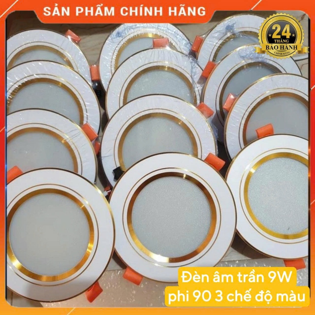 Combo 10, 5 đèn led âm trần 9w, 7W 3 màu nguồn liền (DOB) thế hệ mới đế đúc , viền vàng, viền bạc