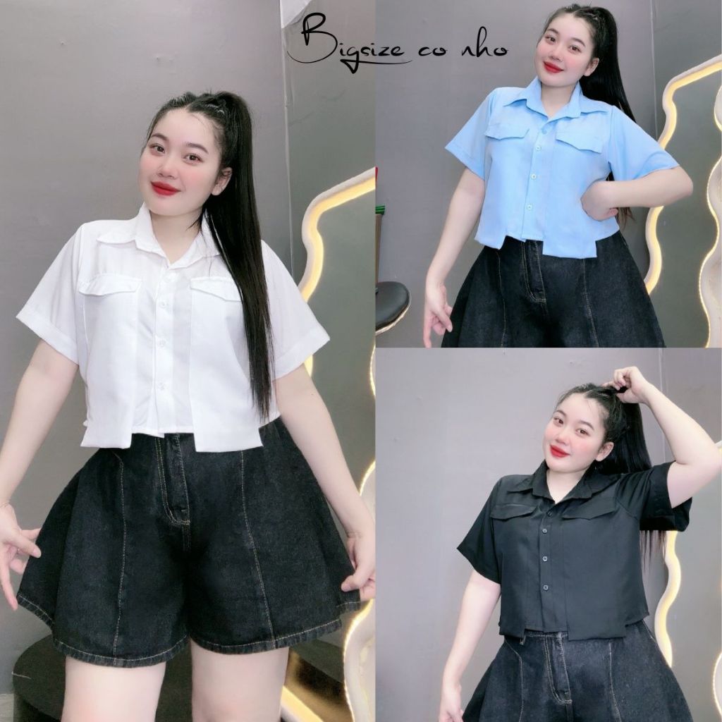 Áo Sơ Mi Dáng Croptop Túi Hộp Bigsize Nữ,Sơ Mi Tay Ngắn Big Size Vải Lụa Chéo Trơn Ít Nhắn SM162