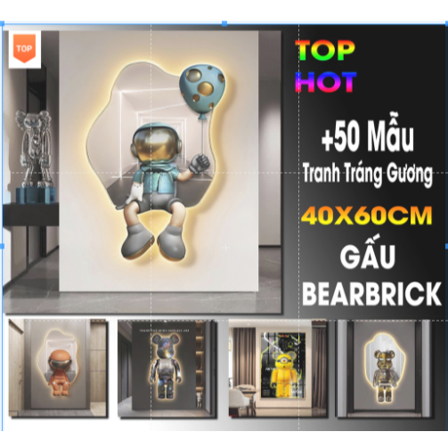 [KÍCH THƯỚC 40X60CM] Tranh Gấu Bearbrick Tráng Gương Cao Cấp, Kaws Toy Treo Tường /game/ Gaming / Robot/ Siêu Anh Hùng
