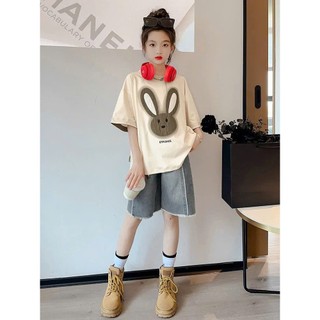 Set Jean Thỏ Bé Gái 17–45kg _ Áo Cotton In Hoạ Tiết Thỏ & Quần Jean Ngố Dây _ Style Hàn Quốc Năng Động