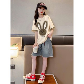 Set Jean Thỏ Bé Gái 17–45kg _ Áo Cotton In Hoạ Tiết Thỏ & Quần Jean Ngố Dây _ Style Hàn Quốc Năng Động