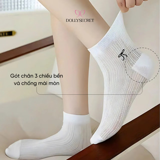 Set 5 Đôi Tất Nữ Cổ Ngắn DOLLY SECRET Tất Mỏng Thêu Nơ Mùa Hè Lưới Cotton Thoáng Khí T02